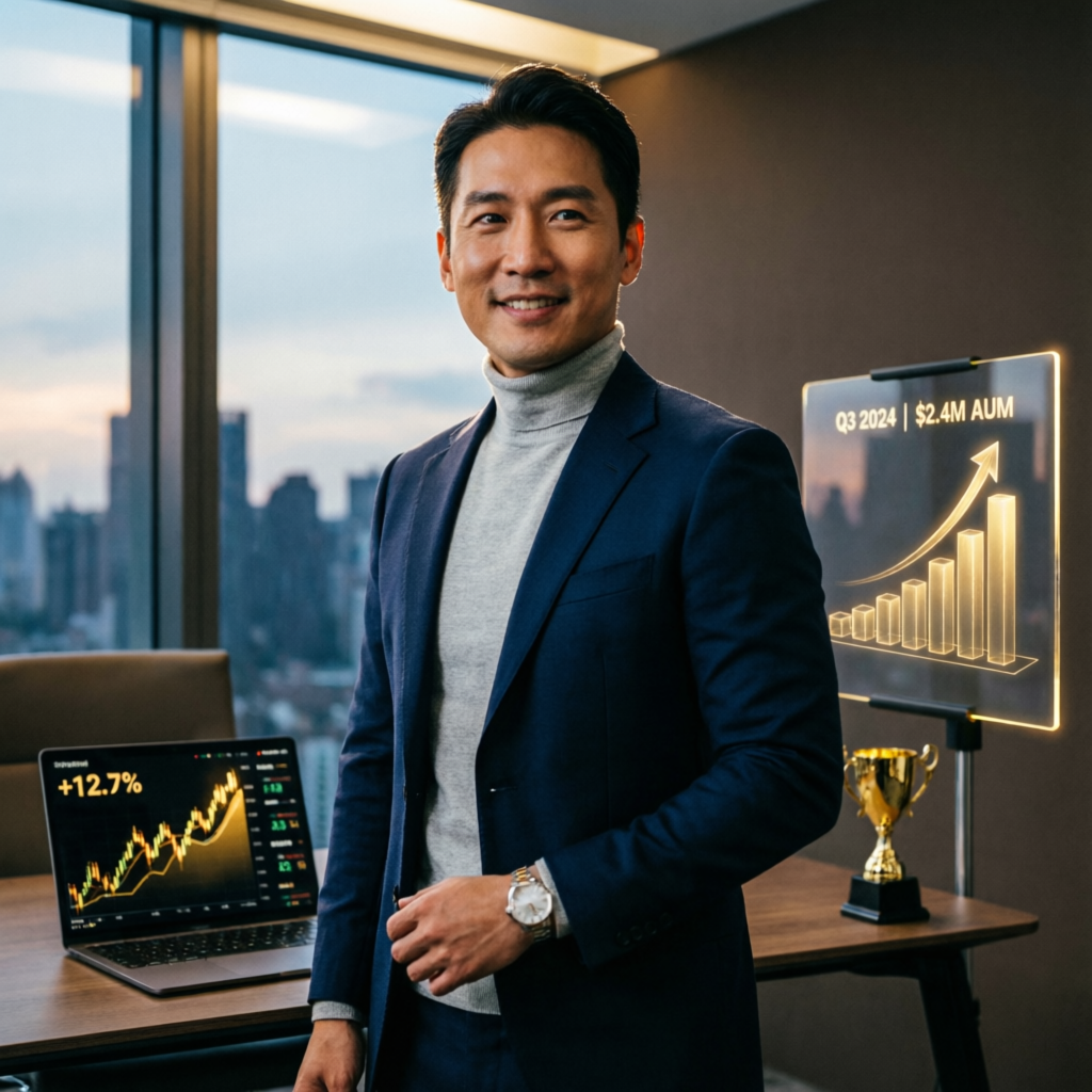 Successful professional trader with profit charts and achievement awards