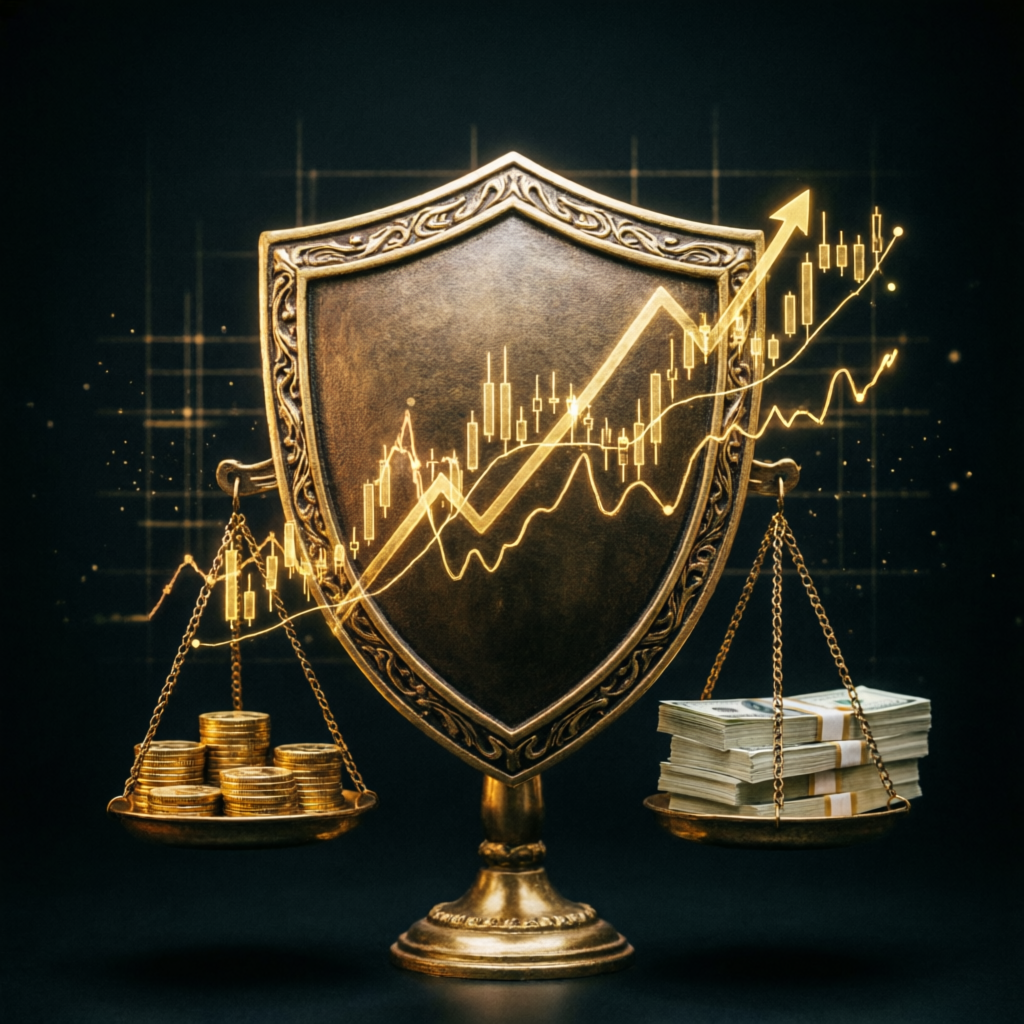 Risk management concept with shield protecting financial charts