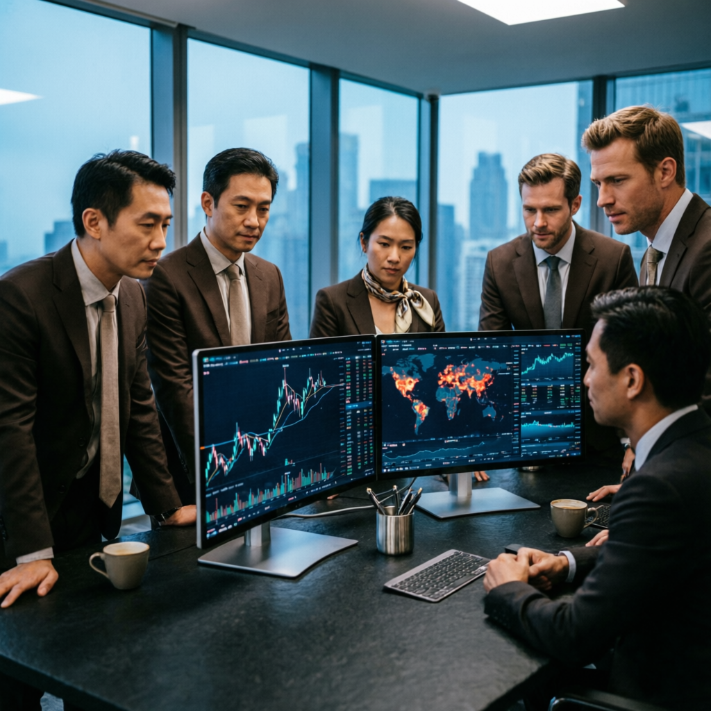 Professional trading team analyzing prop firm challenges in modern office