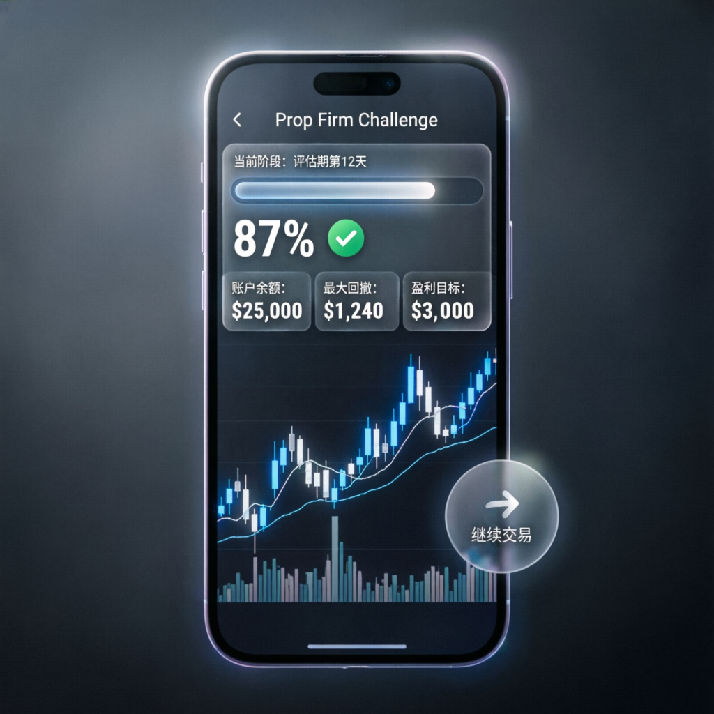 Mobile prop firm challenge app showing 87% progress with trading charts