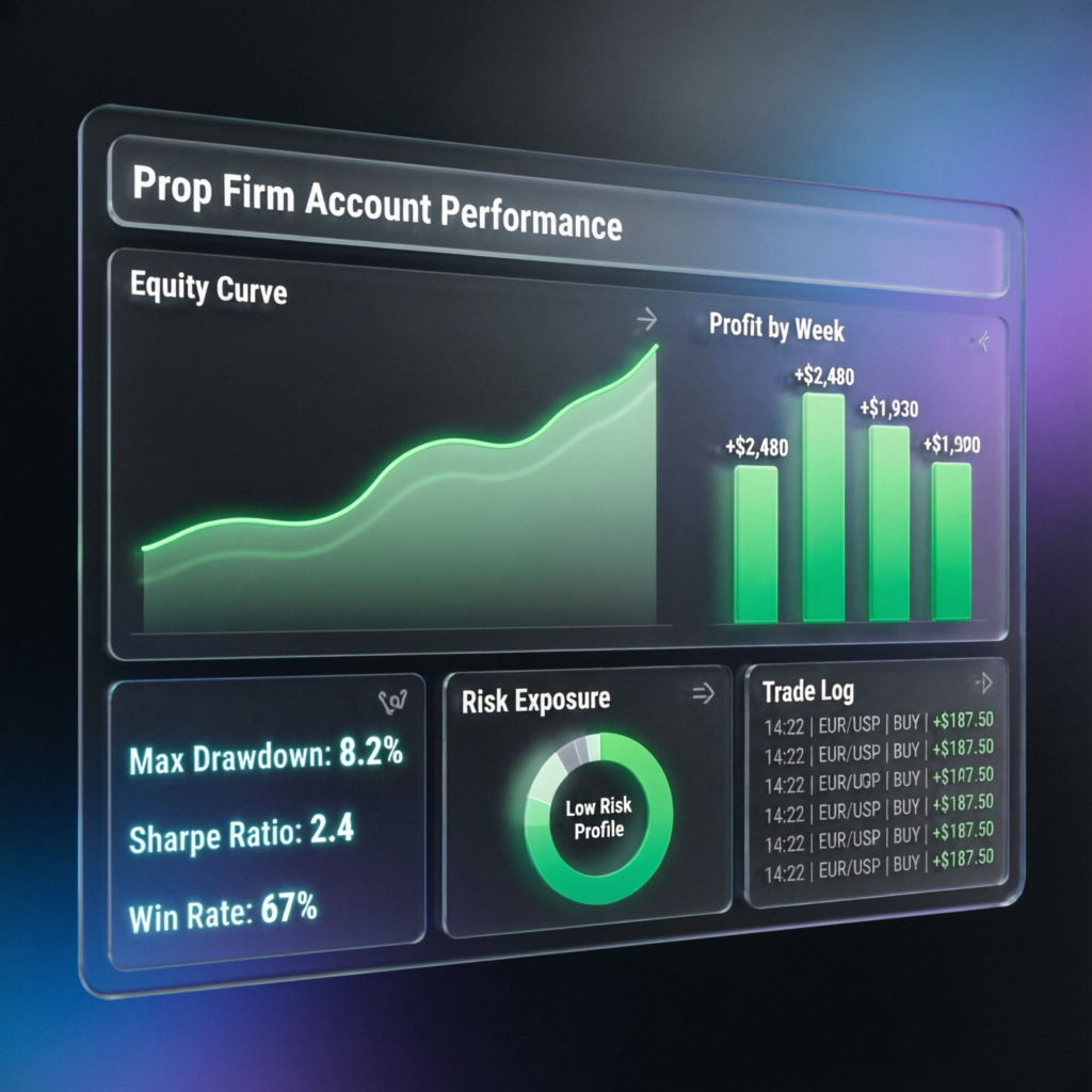 Prop Firm Account Performance Dashboard showing equity curve and profit metrics