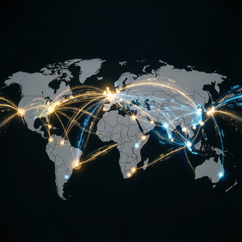 Global forex trading network visualization with worldwide connections