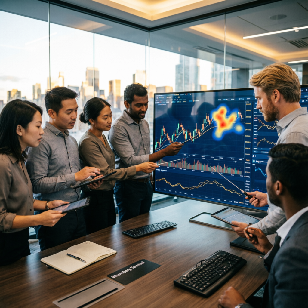 Professional team of prop firm traders analyzing charts