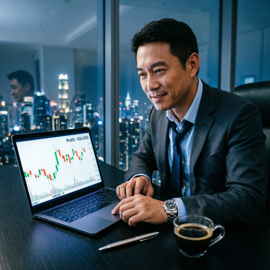 Successful trader reviewing profitable trading results