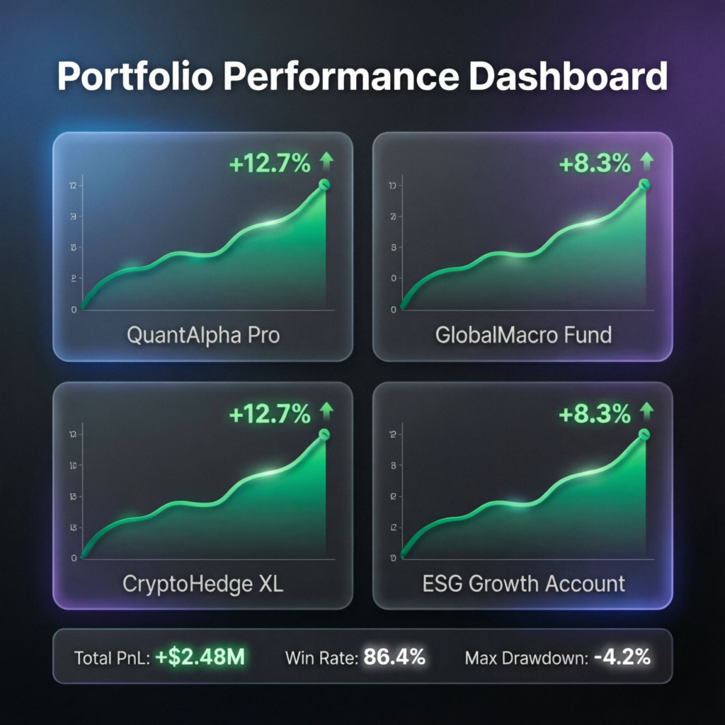 Portfolio performance dashboard showing successful trading accounts