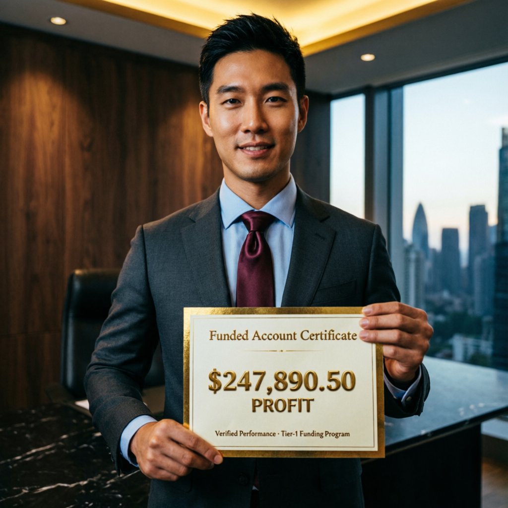 Trader holding funded account certificate with profit