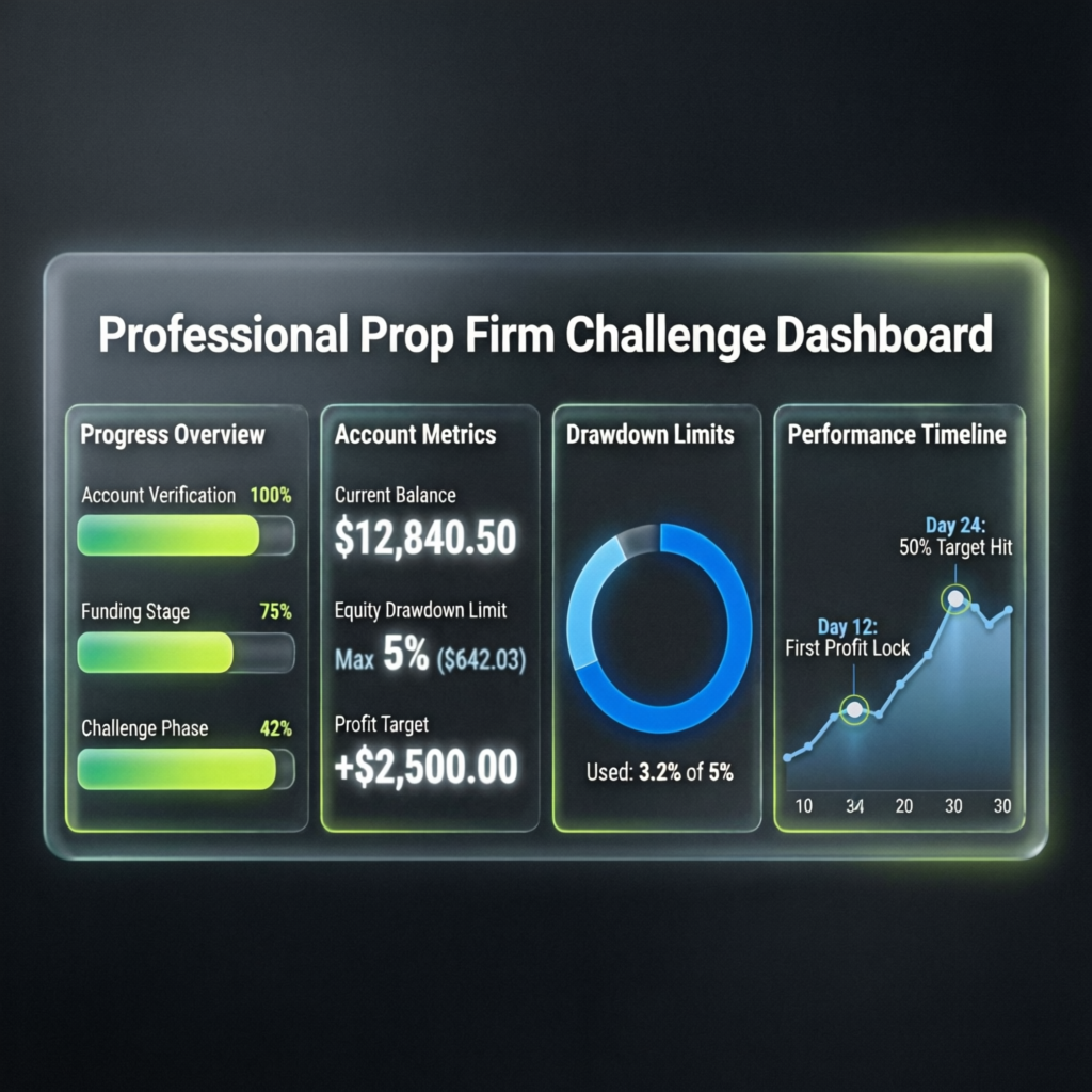 Professional Topstep prop firm challenge dashboard showing metrics and progress