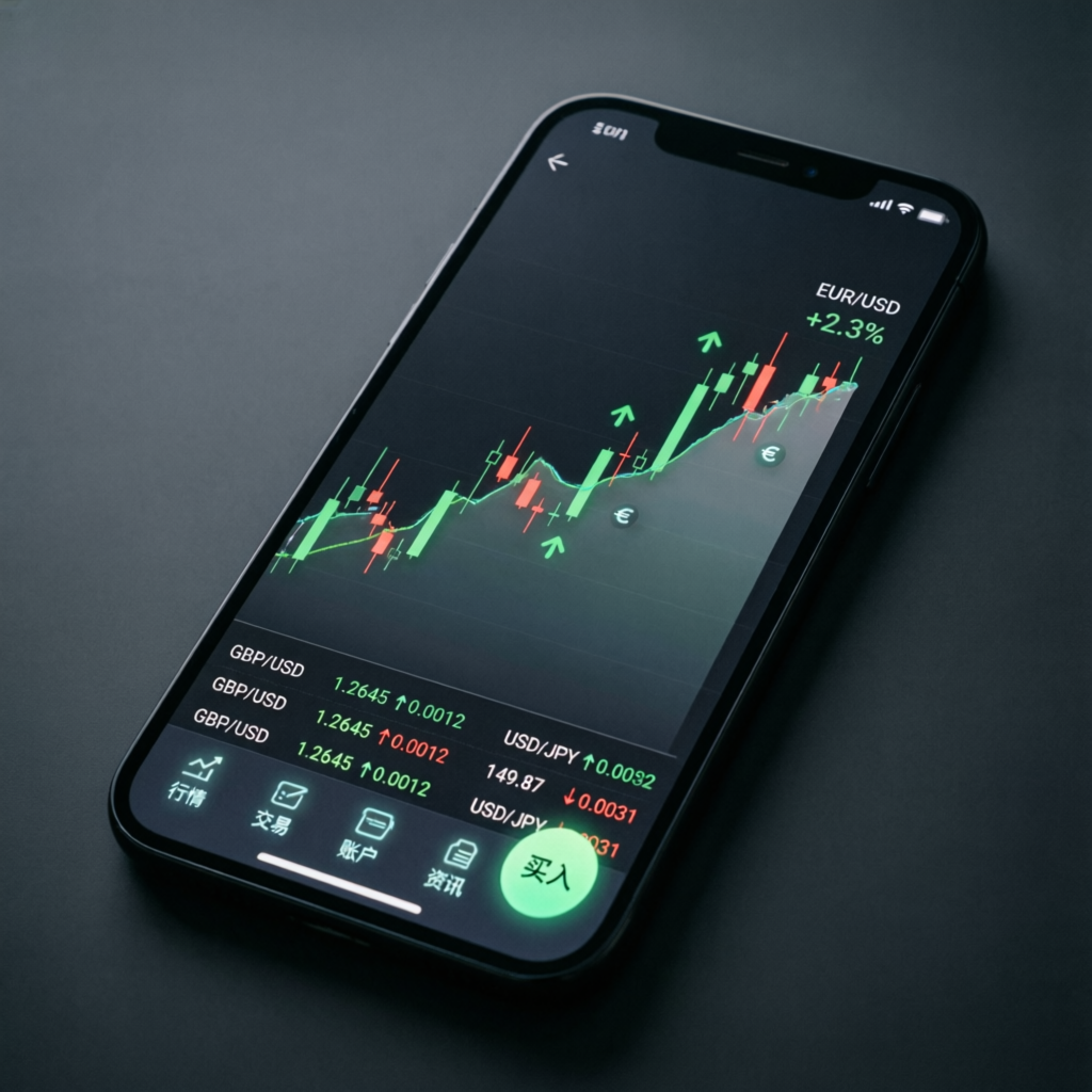 Mobile trading app showing professional forex and futures trading interface