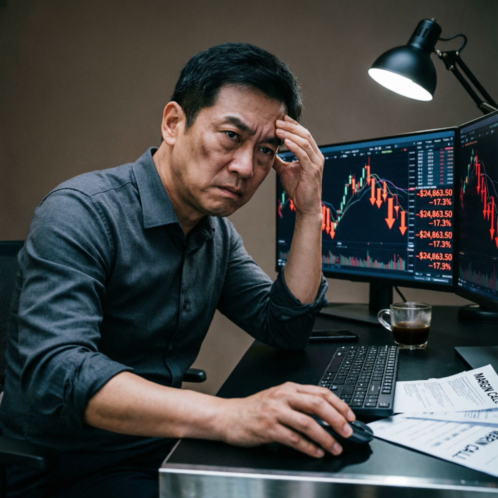Stressed trader facing losses on multiple monitors - common Topstep challenge failure scenario