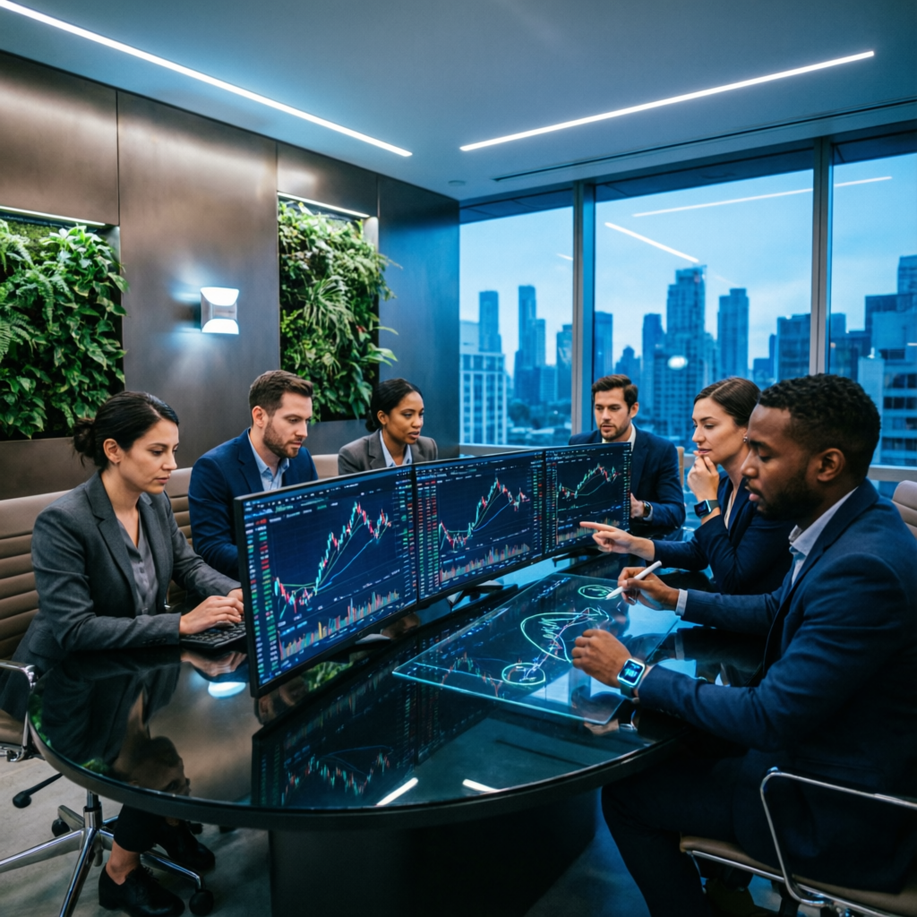 Professional trading team collaborating on prop firm challenges