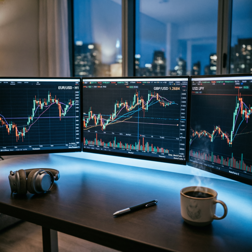 Professional trading desk with forex charts