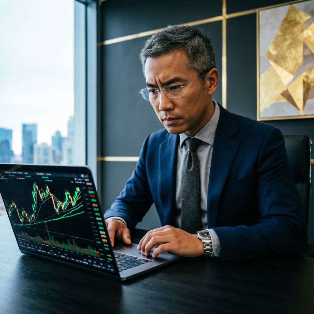 Professional trader analyzing Topstep trading charts on laptop in premium office