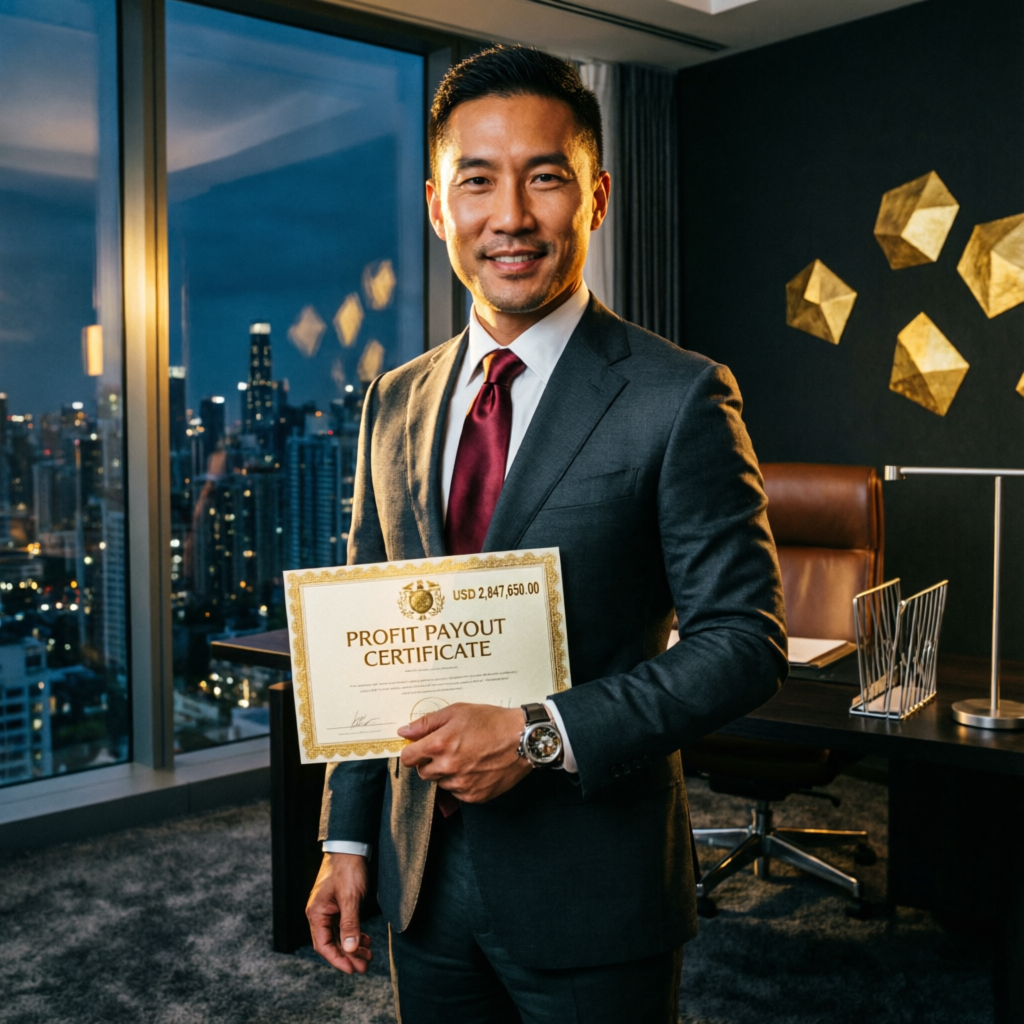 Successful trader holding Topstep profit payout certificate in premium office