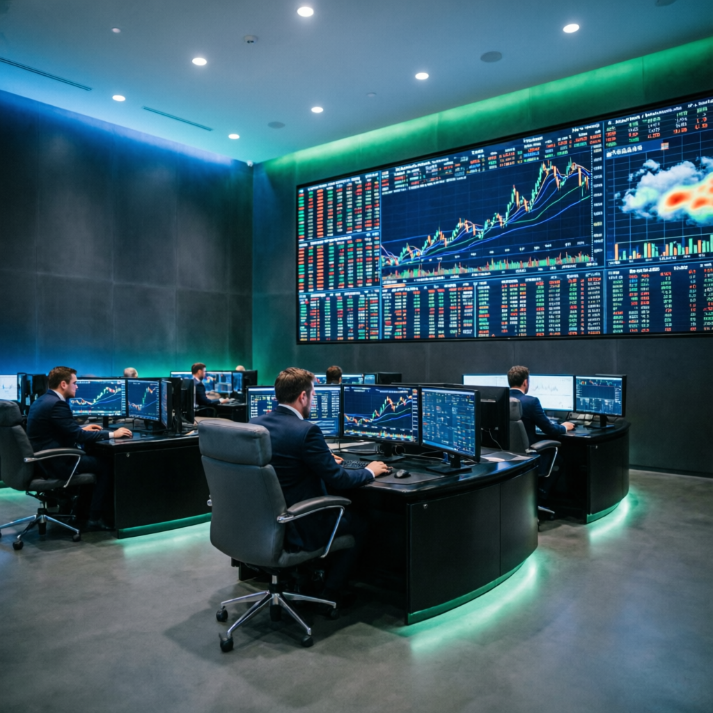 Professional trading floor showing Topstep traders monitoring multiple markets