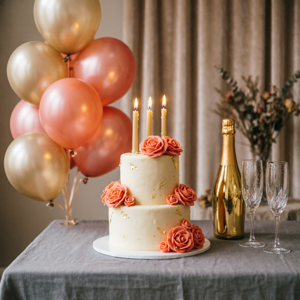 Birthday celebration with balloons and cake