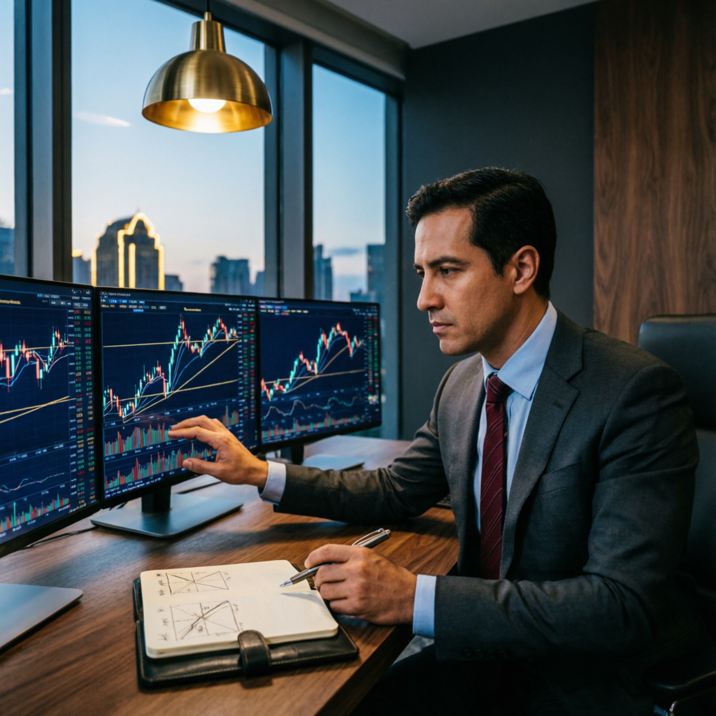 Professional trader analyzing multiple screens with Apex Trader Funding charts