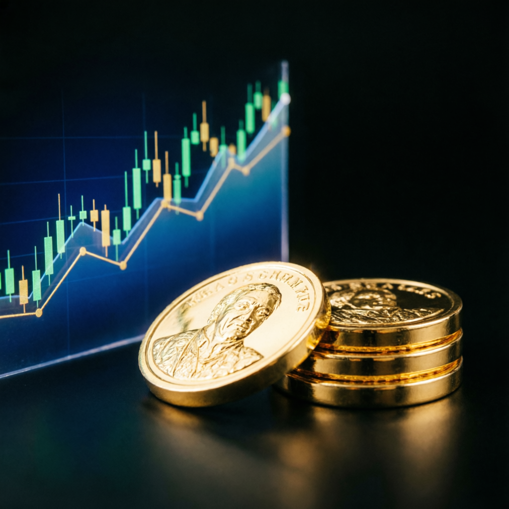 Gold coins and trading charts representing consistent profits from Apex Trader Funding