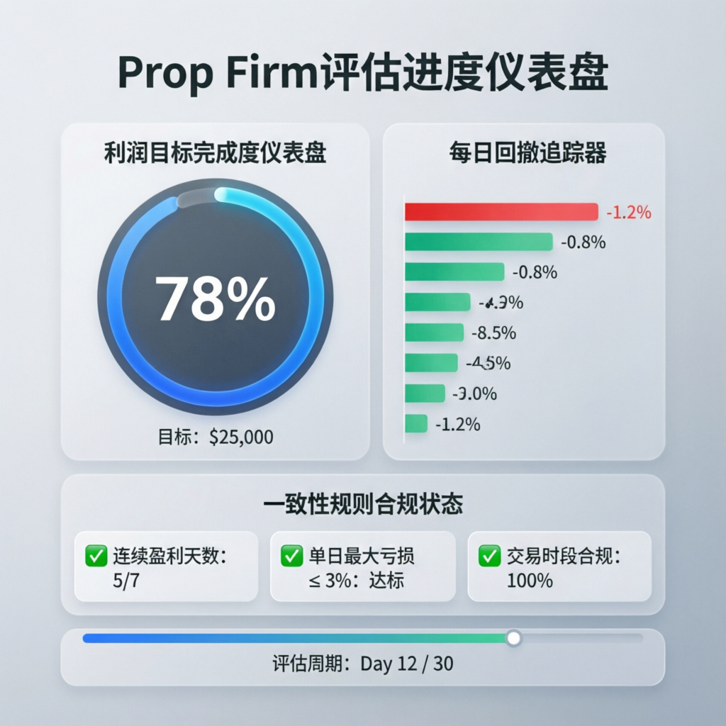 Prop firm evaluation progress dashboard with profit targets and drawdown tracking