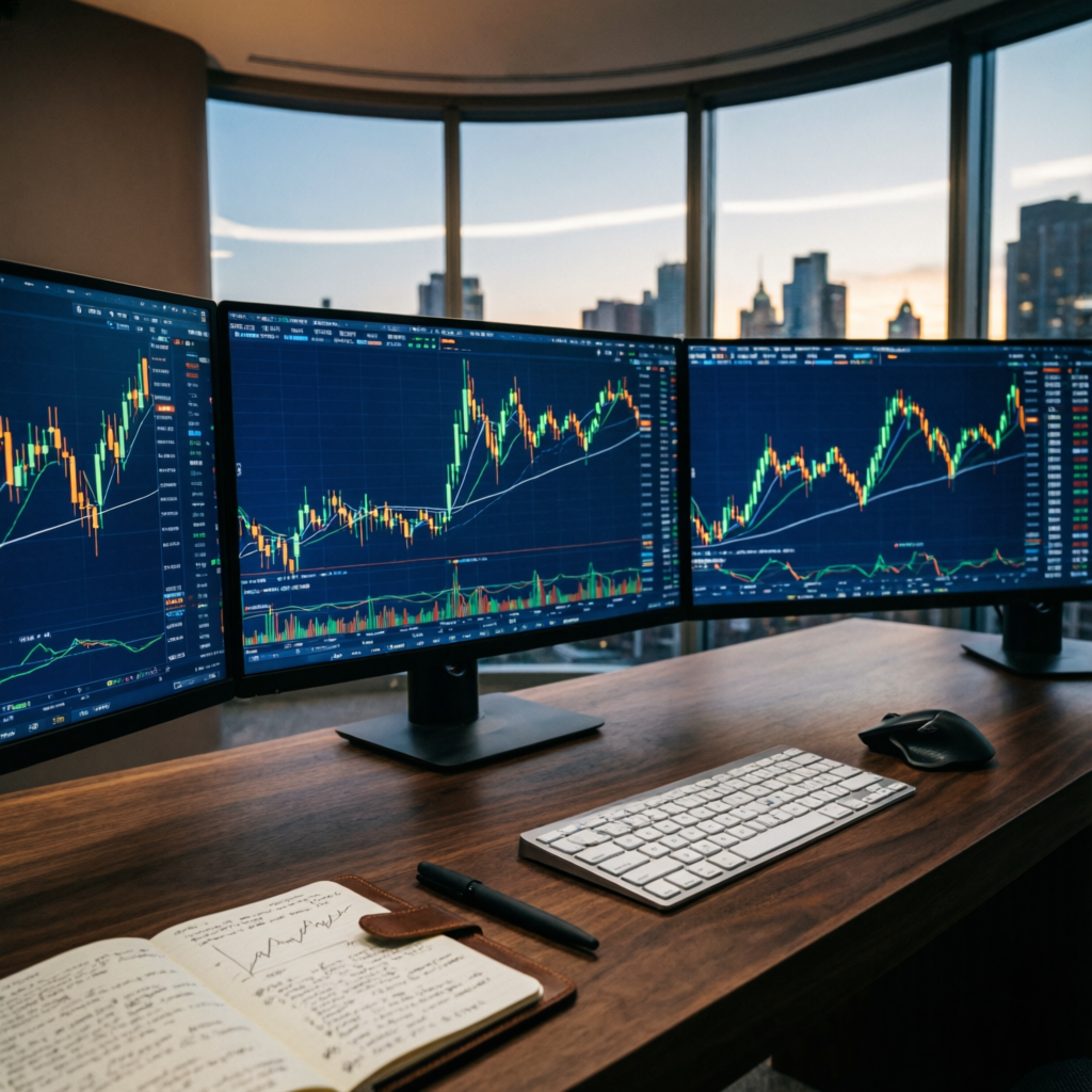 Professional forex trading setup with multiple monitors