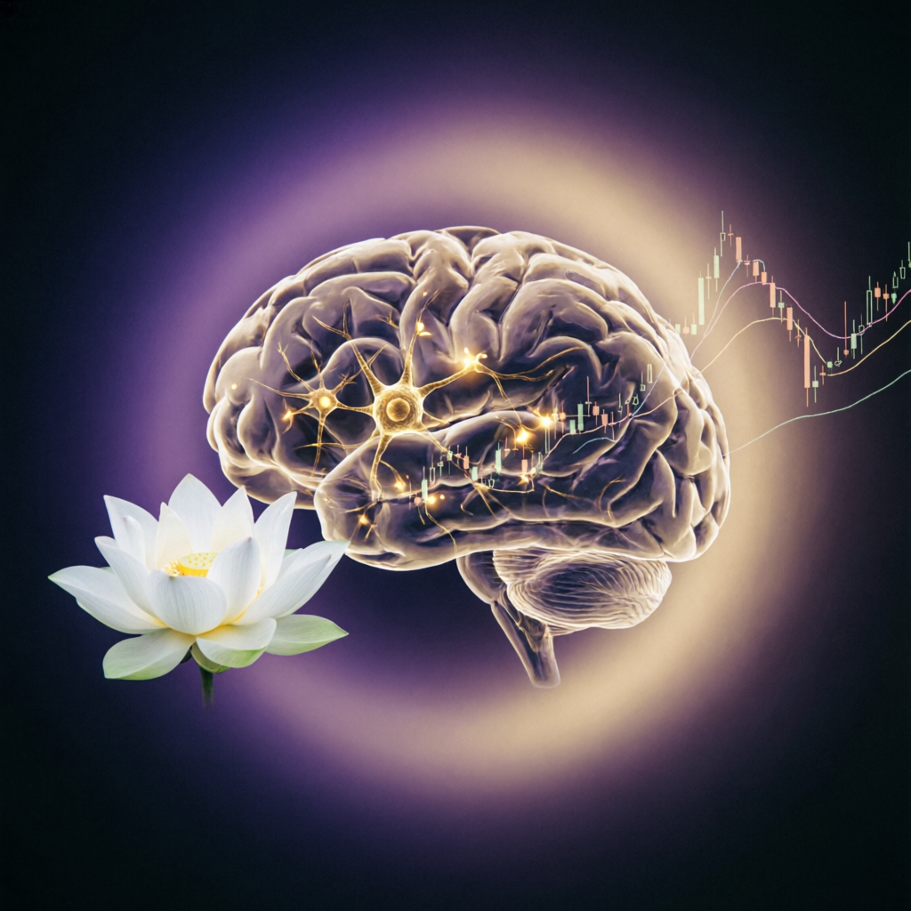 Trading psychology concept showing brain with neural connections and candlestick charts