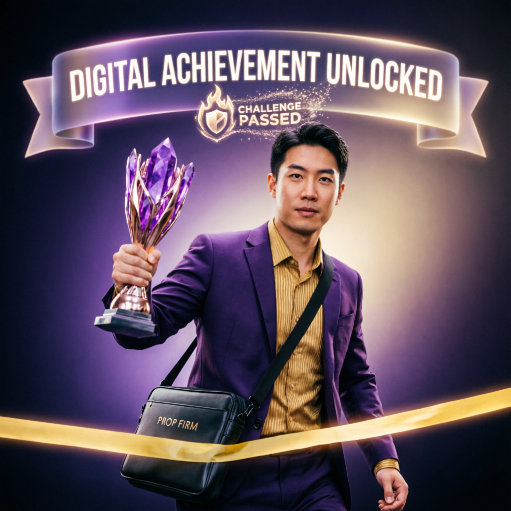 Trader celebrating passing prop firm challenge with trophy and achievement unlocked