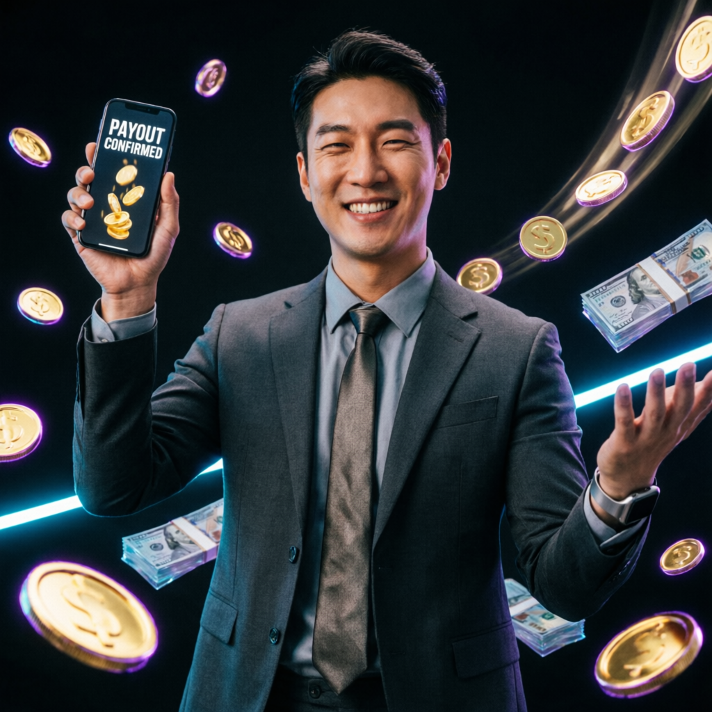 Successful trader receiving payout confirmation with gold coins and cash