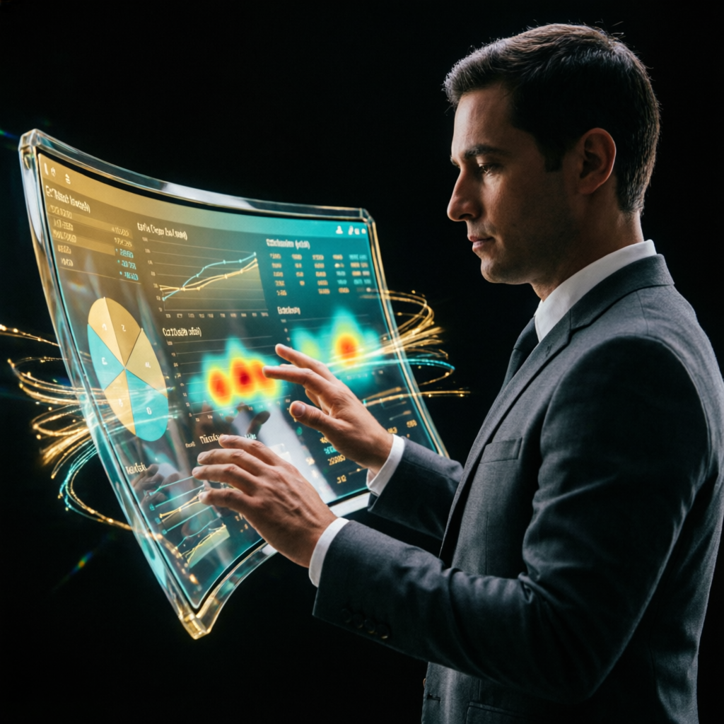 Professional trader managing funded accounts with holographic dashboard