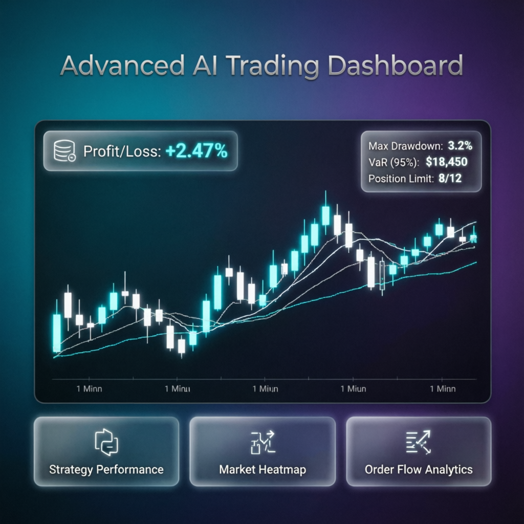 Advanced AI Trading Dashboard showing profit/loss metrics and risk management