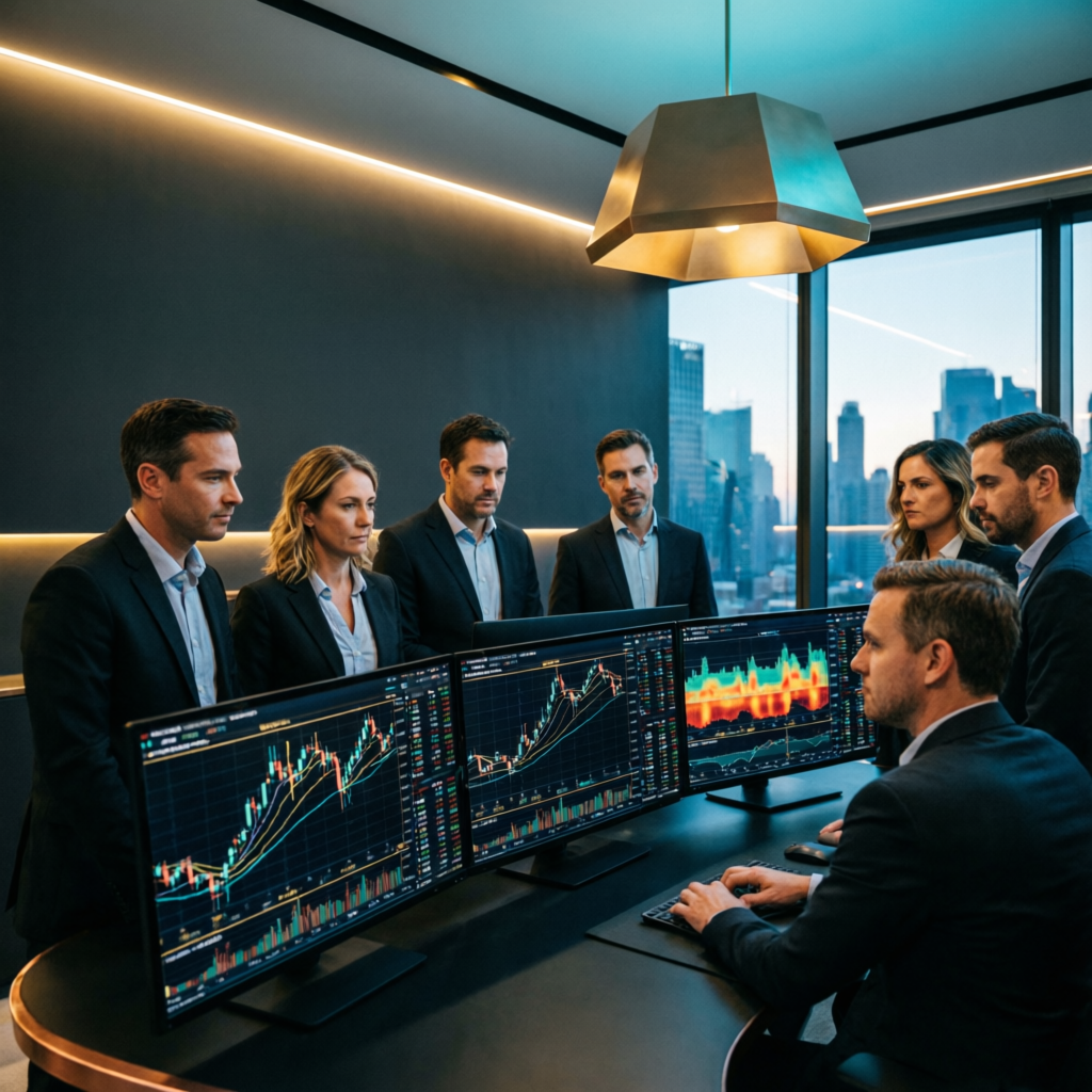 Professional trading team of experts reviewing charts and managing accounts