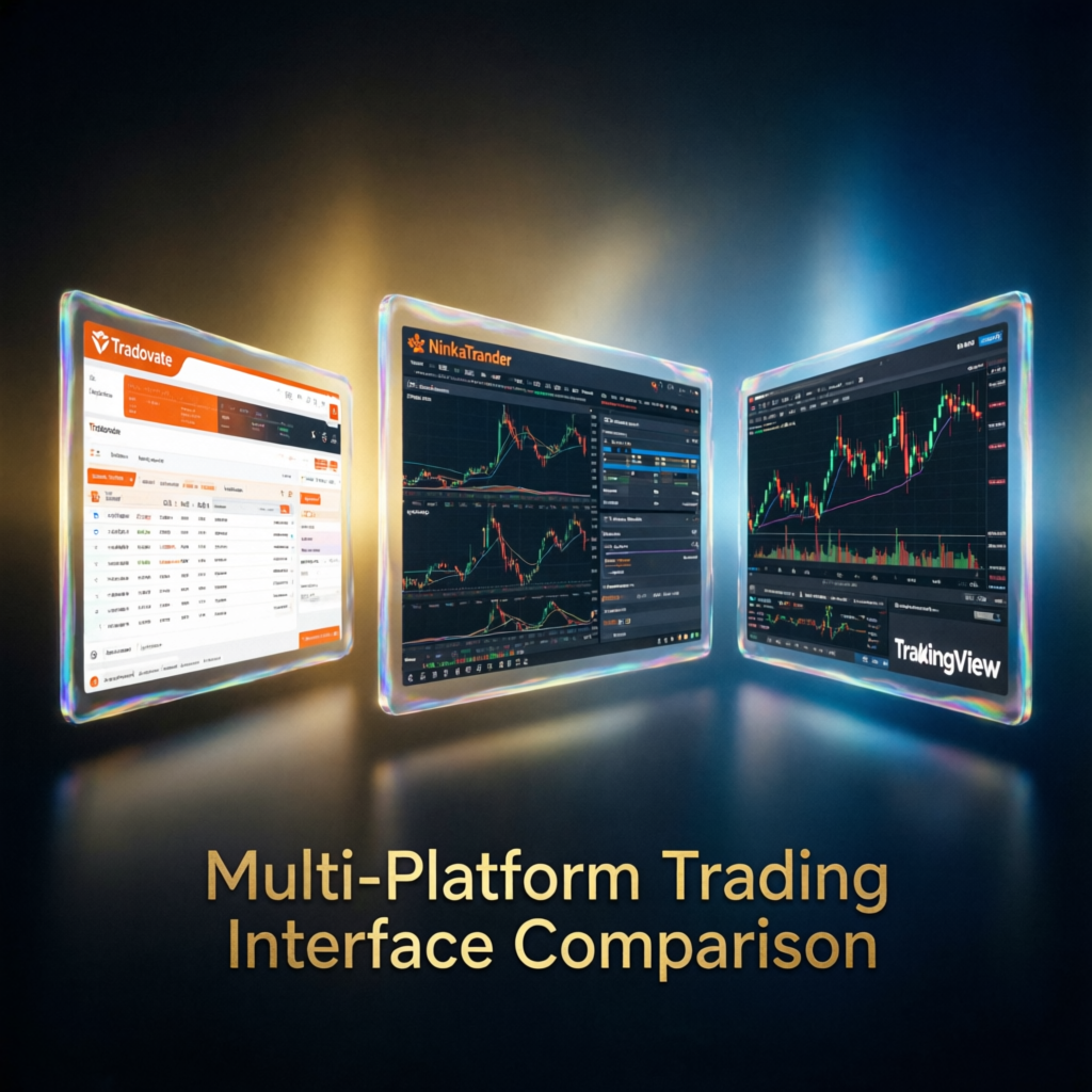 Multi-platform trading interface comparison showing Tradovate NinjaTrader TradingView