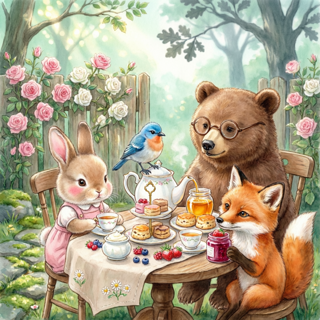 Adorable woodland animals having a tea party