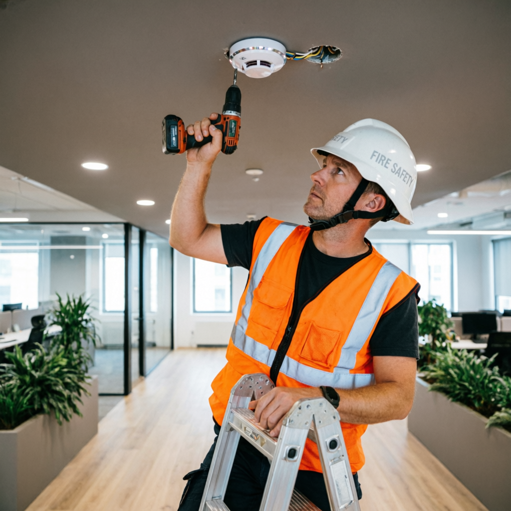 Fire safety engineer installing smoke detector in Noida