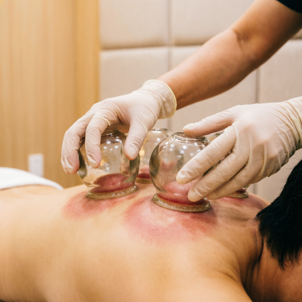 Caring therapist attending to a patient during a cupping wellness session
