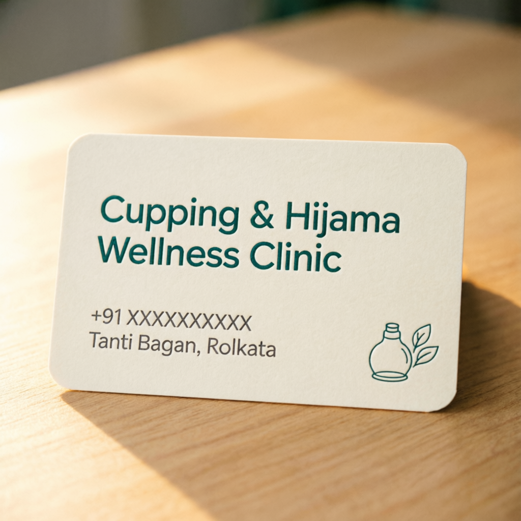 Cupping & Hijama Wellness Clinic business card with therapist contact details in Tanti Bagan, Kolkata