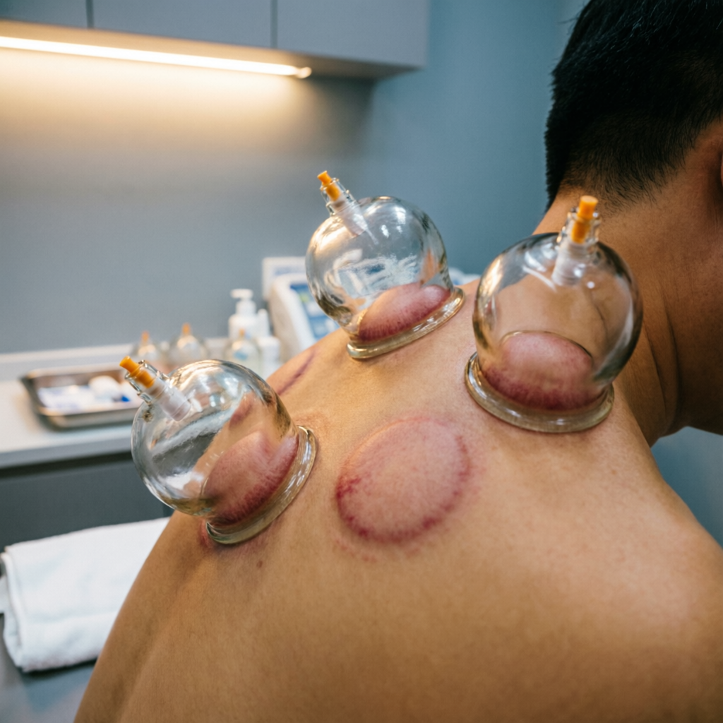 Dry cupping therapy session being performed on patient's back at the wellness clinic