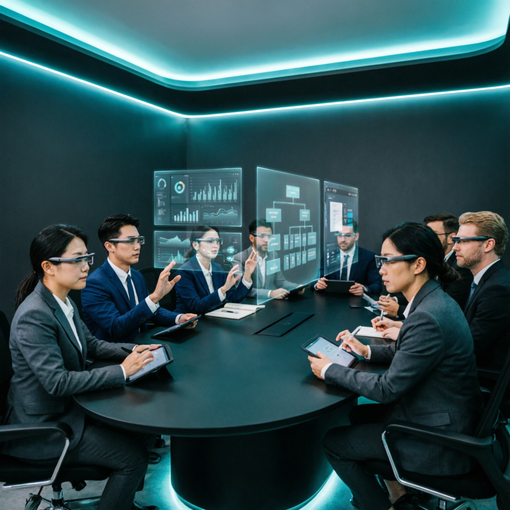 Capacitación Corporativa Futurista - Sala de Entrenamiento Empresarial con Tecnología Avanzada