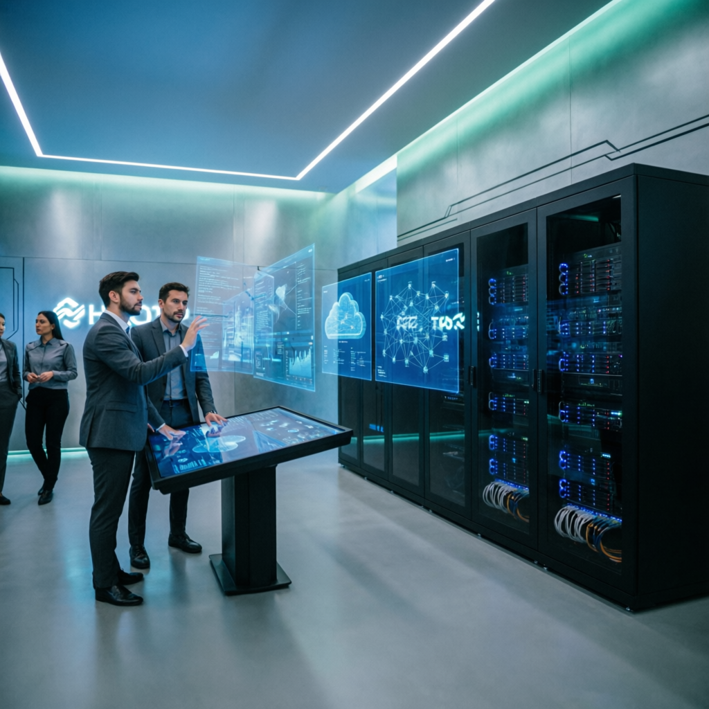 Tecnología e Innovación Empresarial Futurista - Oficina Moderna con Pantallas Holográficas y Profesionales TI en Colombia