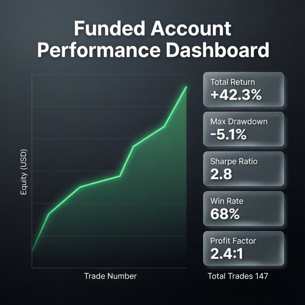 Funded account performance dashboard showing consistent profit growth - PFM Capitals results