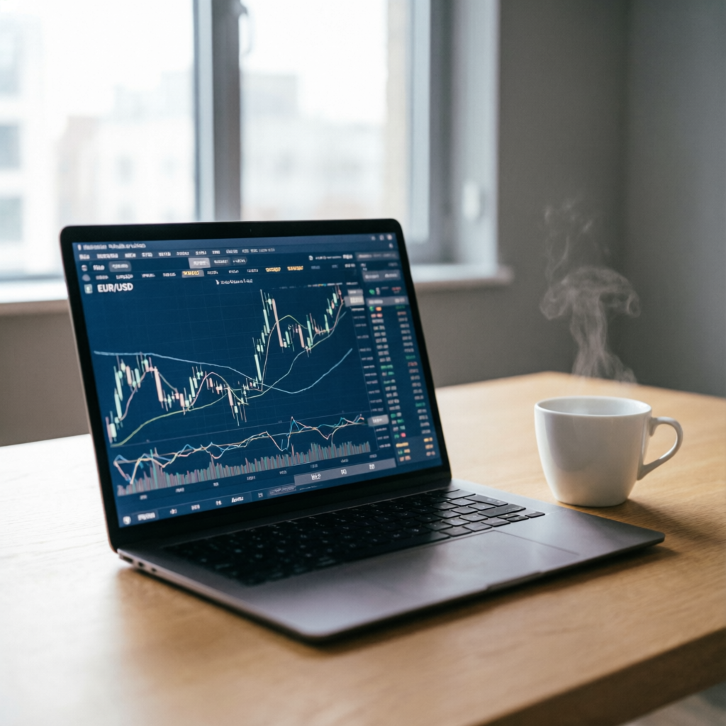 Laptop displaying forex trading platform - Traderscale evaluation passing guide by PFM Capitals