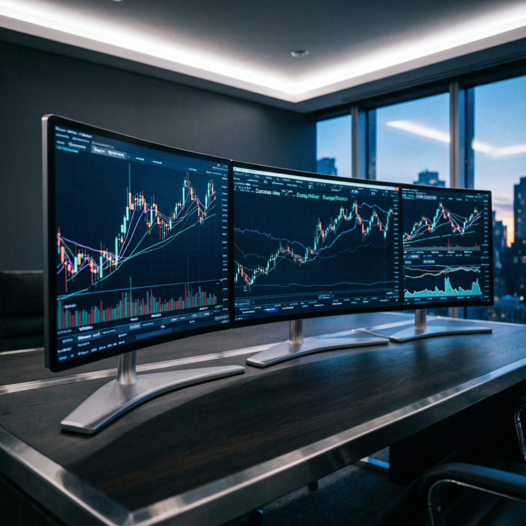 Professional trading desk with multiple monitors displaying forex charts - PFM Capitals prop firm passing service