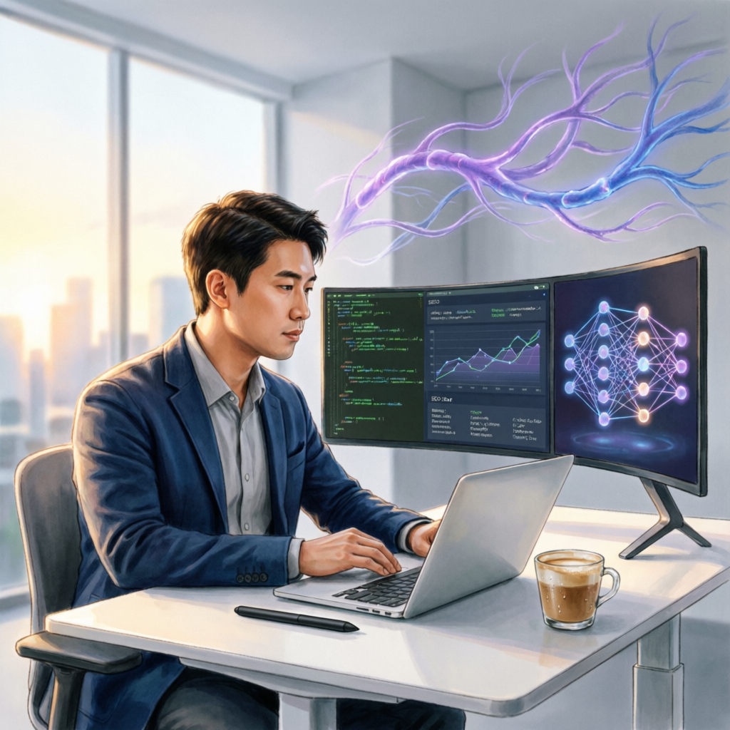 Ильяс работает с нейросетями: многомониторная рабочая станция с кодом, аналитикой SEO и визуализацией нейронной сети