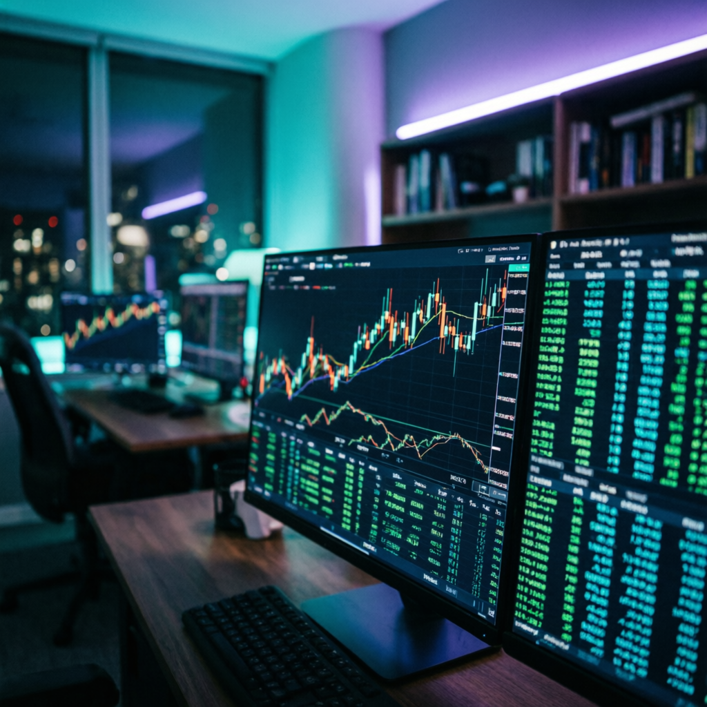Professional forex trading workspace with multiple monitors showing candlestick charts