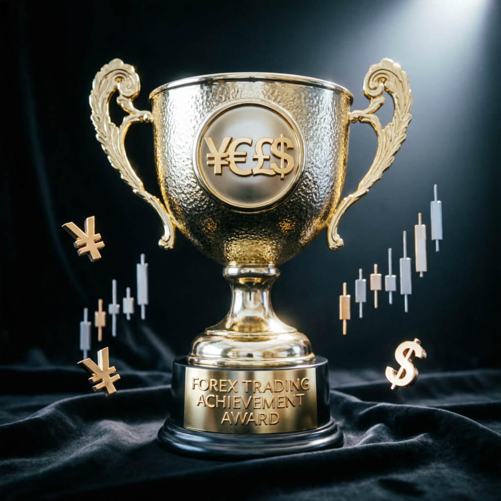 Forex trading achievement award trophy with currency symbols