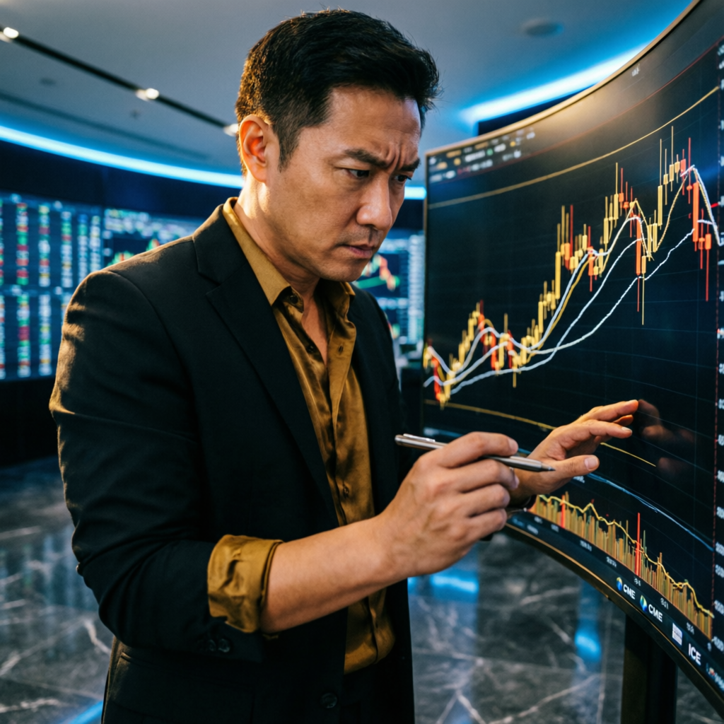 Professional trader analyzing futures charts on large screen