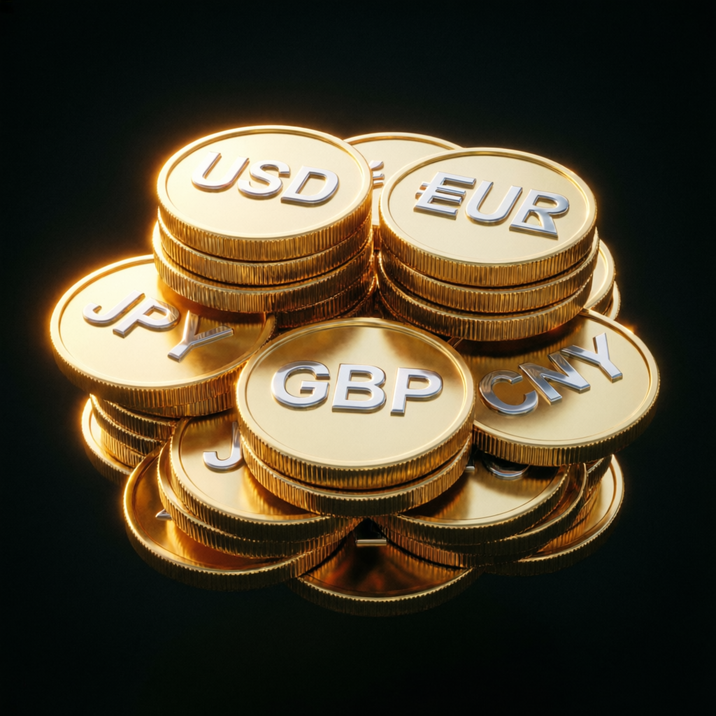 Gold forex currency coins representing funded trading profits
