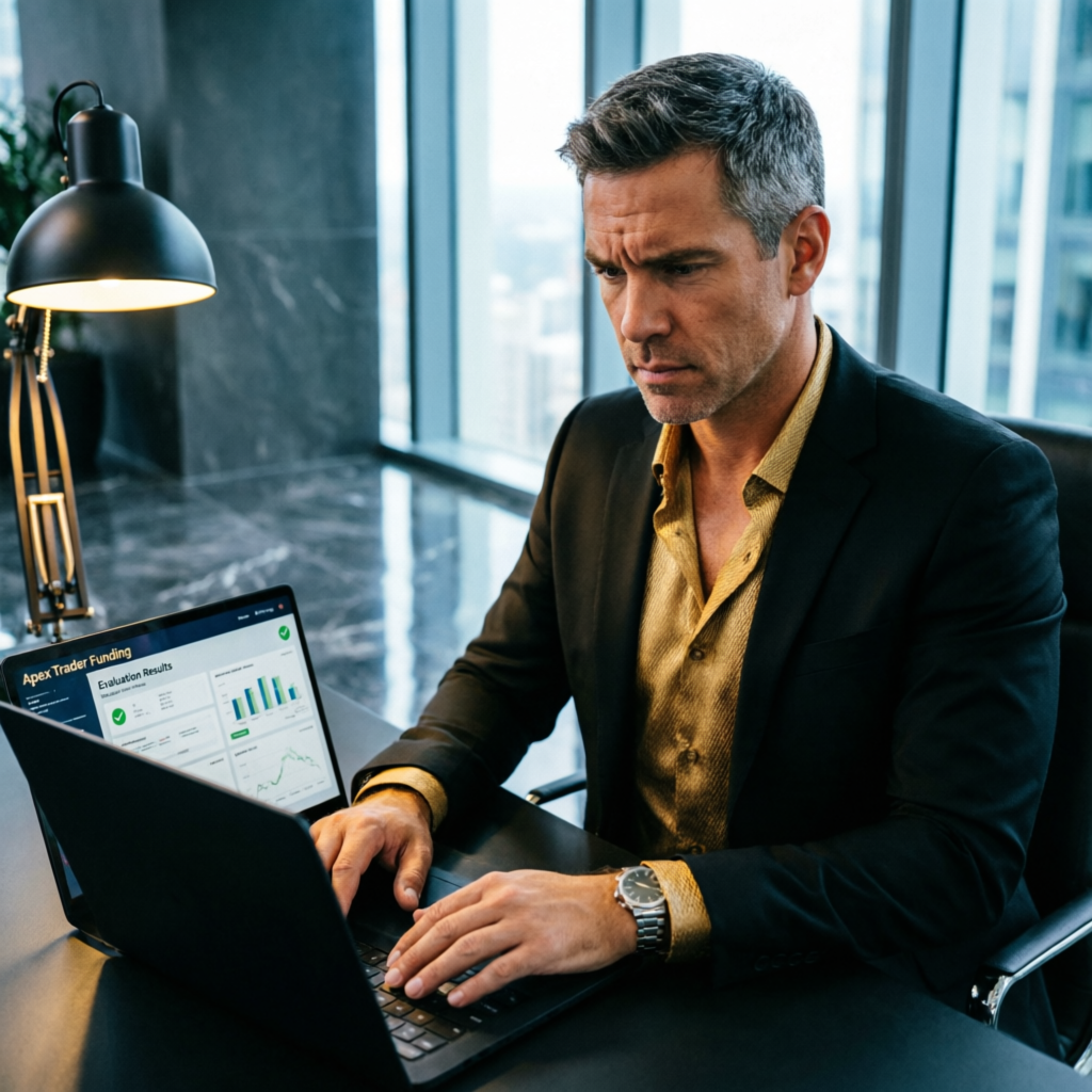 Professional trader reviewing Apex Trader Funding evaluation results on laptop
