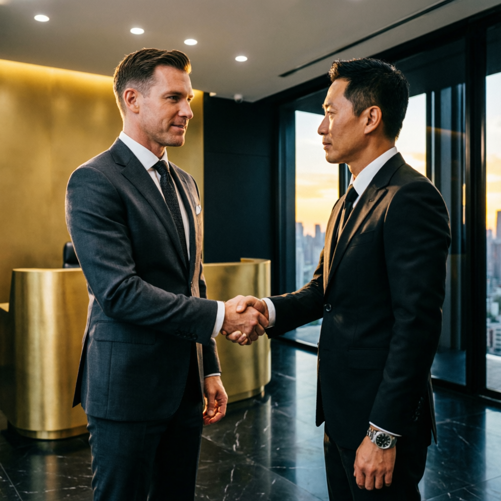 Professional handshake between trader and prop firm representative