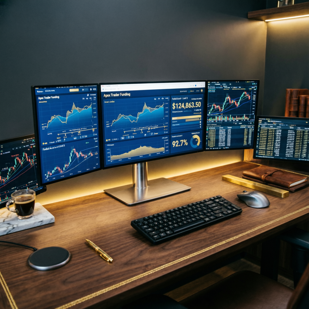 Apex Trader Funding dashboard with multiple monitors showing funded accounts