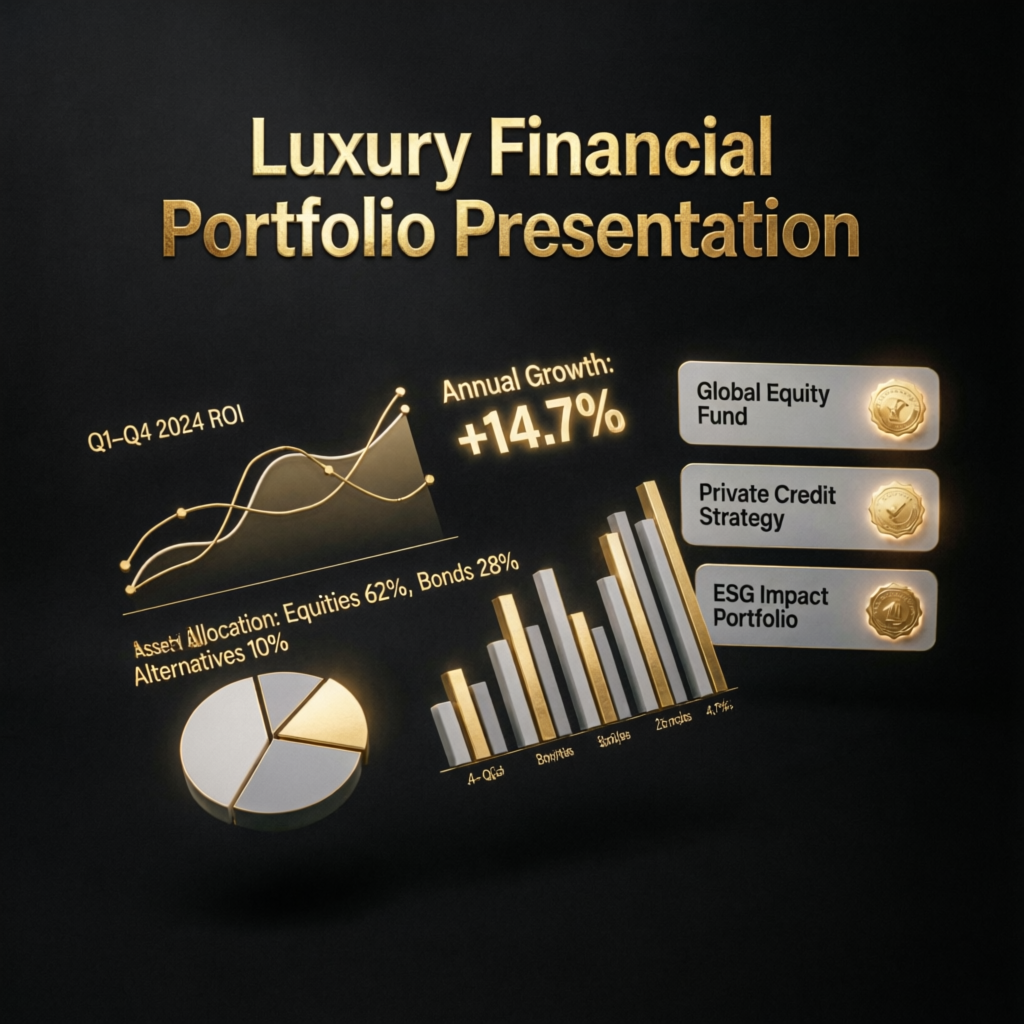 Luxury financial portfolio presentation with growth charts