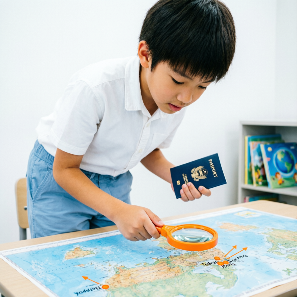 Criança a explorar mapa